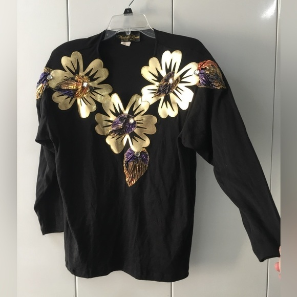 Marshall Rousso Black Top with Gold and Purple Floral Accents - Picture 1 of 1